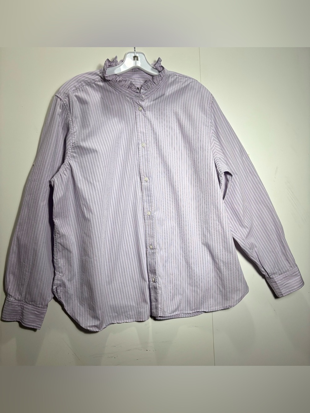 J. Crew Lavender Pinstripe Ruffle-Neck Button-Down Shirt
